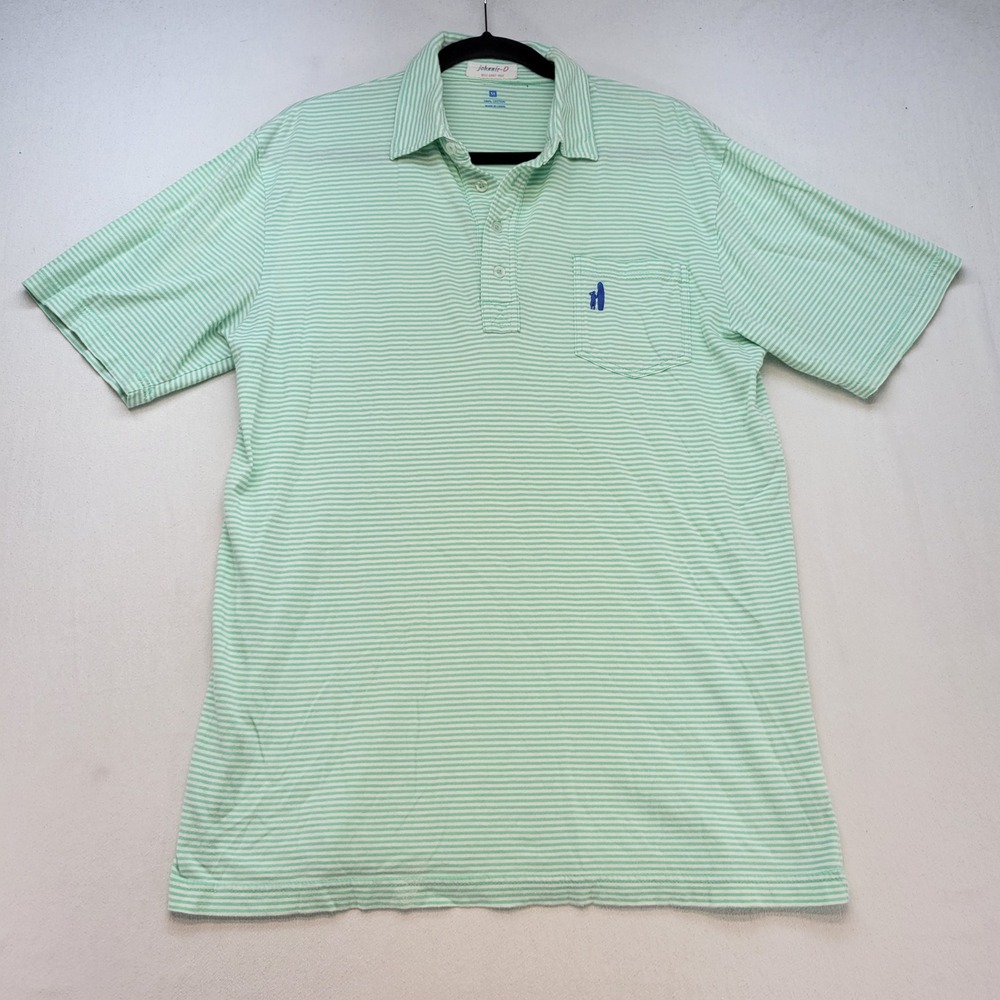 johnnie-O Polo Shirt Mens Medium Green Striped West Coast Cotton Surfer Logo